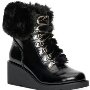 INC International Concepts Black Faux Fur Lace-Up Wedge Boots. Size 5. Brand New